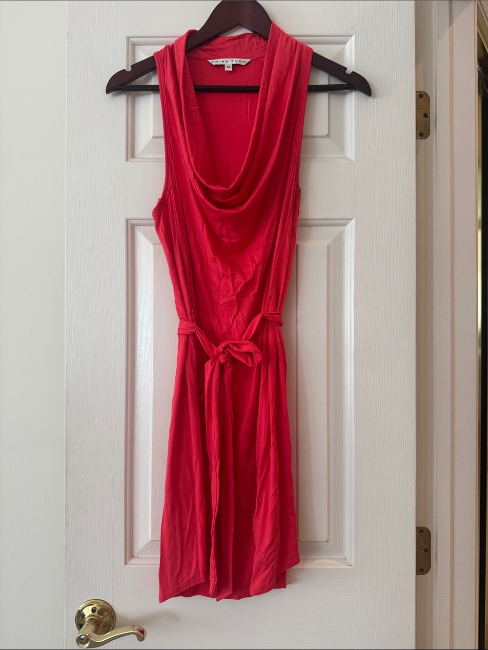 Trina Turk Coral Color Sleeveless Cowl Neck Tie-Waist Dress